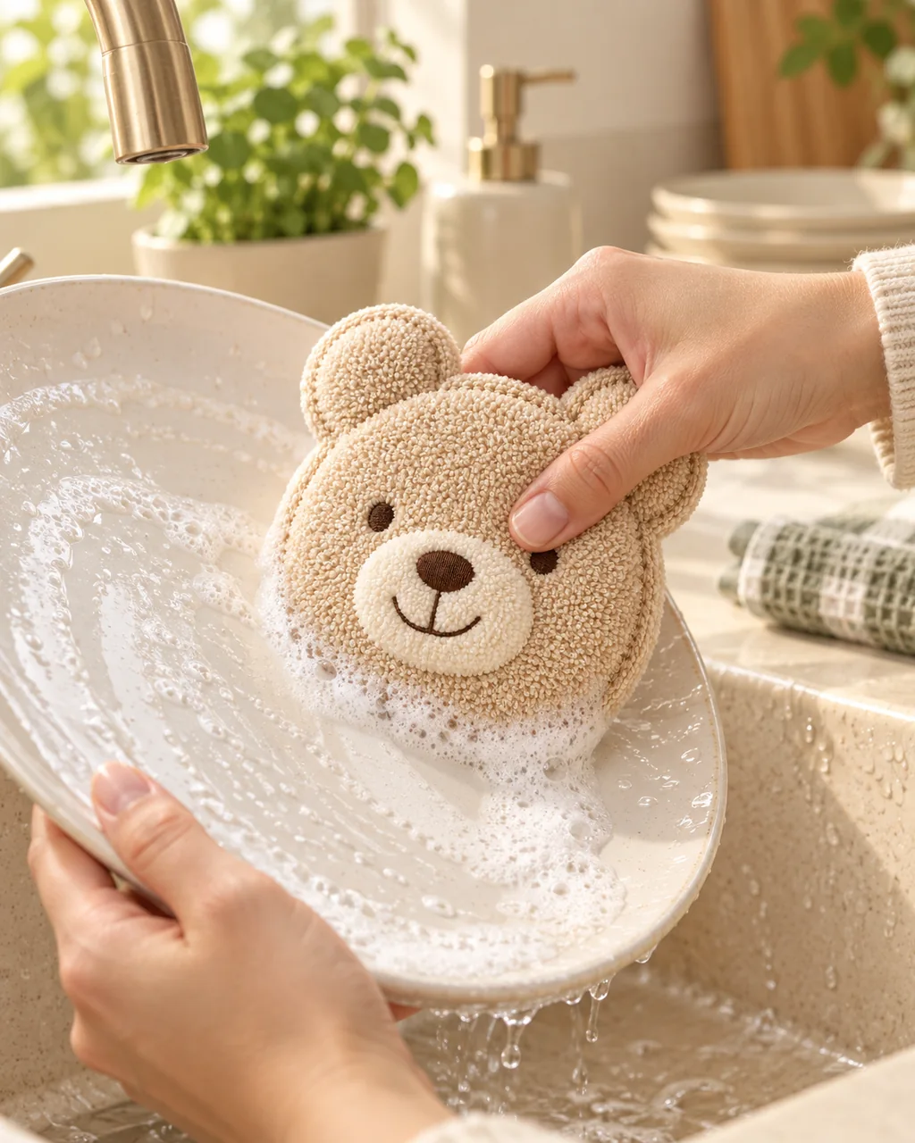 Une main nettoie une assiette blanche avec l’éponge Ourson beige, au-dessus d’un évier, avec de la mousse